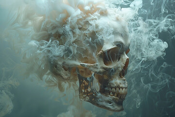 A human skull partially shrouded in a flowing, ghostly smoke against a black background, evoking mystery and mortality.
