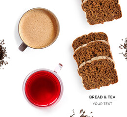 Creative layout made of bread, chai tea and Rooibos on white background. Flat lay. Food concept. 