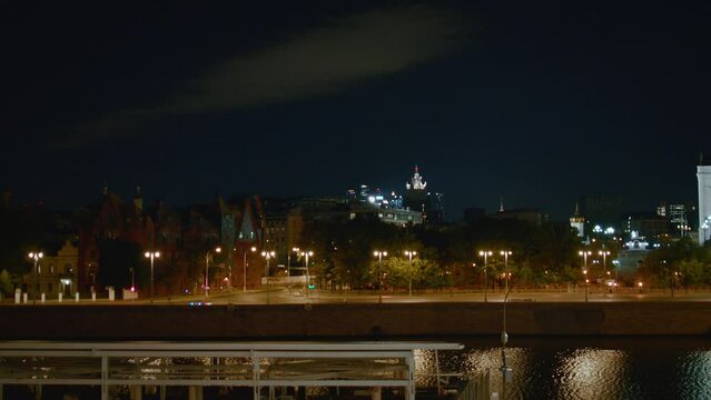 View of the Cathedral of Christ the Savior from the Moscow River, at night in Moscow, Russia. High quality 4k footage