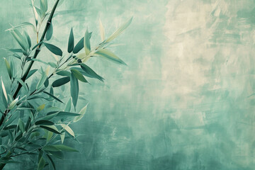 Green Wall with Bamboo Plant Painting on Grunge Texture Background in Contemporary Interior Design Concept