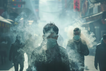 People Walking in Urban Winter SmogWomen with Covered Faces in Hazy Urban Setting..