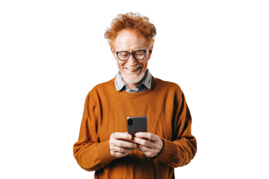 Smiling Redhead Man with Phone on Transparent