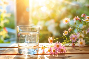 Glass of water on table beside flowers, creating a serene environment