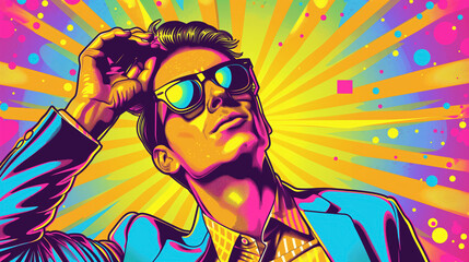 Man in sunglasses, radiating a retro vibe with a vibrant burst background.