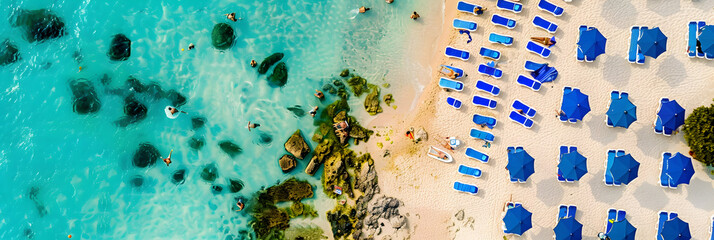 Aerial bird's eye view of Makronissos organised beach coastline, - obrazy, fototapety, plakaty