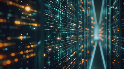 Obraz premium Digital representation of a server room with rows of glowing data lines, symbolizing technology and information flow.