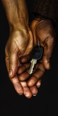 Adult African Male Hands Holding Key Against Dark Background - Concept of Ownership