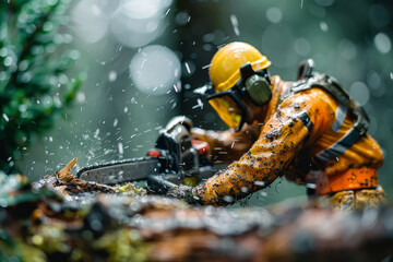 Focused lumberjack in safety gear using a chainsaw to cut through a tree, with sawdust flying around..