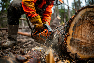 Focused lumberjack in safety gear using a chainsaw to cut through a tree, with sawdust flying around..