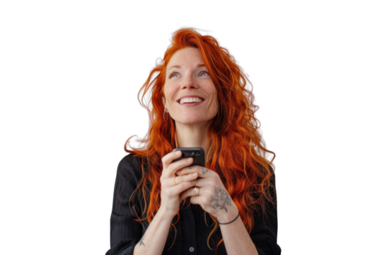 Redhead with Phone Smiling Upward