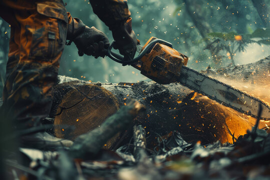 Focused lumberjack in safety gear using a chainsaw to cut through a tree, with sawdust flying around..