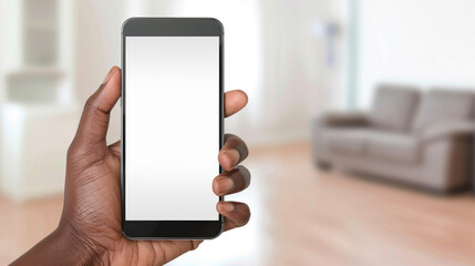 A black person hand holding a smartphone with blank white screen in an indoor environment