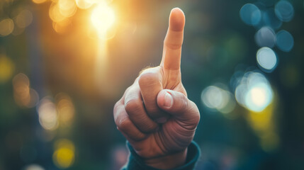 Hand gesturing the number one, with a sunlit bokeh background suggesting a positive atmosphere.