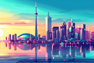 Toronto city modern sunset skyline vector illustration