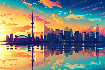 Toronto city modern sunset skyline vector illustration - obrazy, fototapety, plakaty