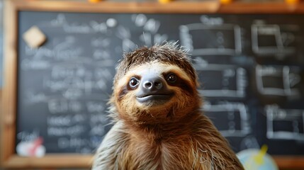 Fototapeta premium Close-up portrait of a sloth in front of classroom