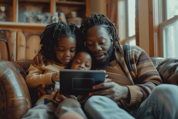African-American Father Bonding with Young Daughters on Couch Using Tablet Indoors
