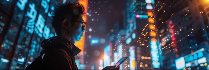 Young Asian Man Using Smartphone on Vibrant City Street at Night - obrazy, fototapety, plakaty