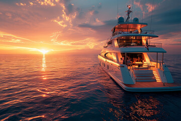 Luxurious cruise ship on a calm ocean at sunset, with beautiful sky reflections on water.