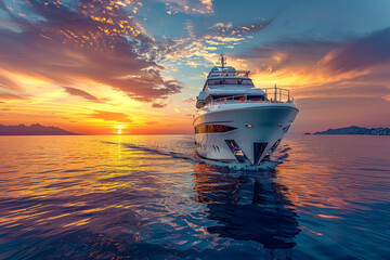 Luxurious cruise ship on a calm ocean at sunset, with beautiful sky reflections on water. - obrazy, fototapety, plakaty