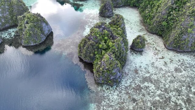 Healthy coral reefs surround islands rising from Raja Ampat's tropical seascape. This region of Indonesia is known as the heart of the Coral Triangle due to the marine biodiversity found there.