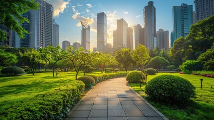 Sunny Urban Park Scene with Lush Greenery and Modern Skyscrapers