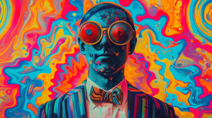 Surreal portrait of a man with vintage goggles, set against a backdrop of swirling, psychedelic colors in an abstract art style.