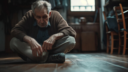 Elderly man sits on the floor, his expression one of sorrow or despair, in a dimly lit room.