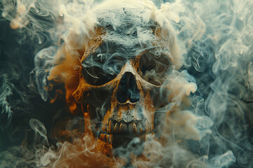 A human skull partially shrouded in a flowing, ghostly smoke against a black background, evoking mystery and mortality. - obrazy, fototapety, plakaty