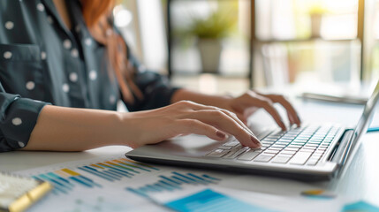 Businesswoman at computer in office making financial report. Close-up. Hands on the keyboard.