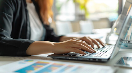 Businesswoman at computer in office making financial report. Close-up. Hands on the keyboard.