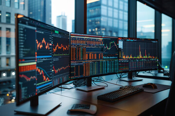An array of trading monitors displaying colorful stock market graphs and analysis, set against the backdrop of a city skyline at dusk..
