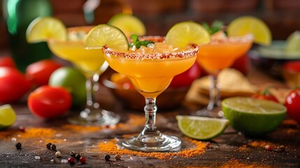 Vibrant Assorted Margaritas With Salted Rims, Citrus Garnishes, On A Dark Bar Counter Background. Mexican Summer Party, Bar and Restaurant Menus. AI Generated - obrazy, fototapety, plakaty