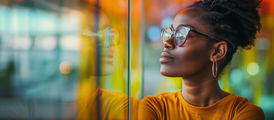 Obraz premium Thoughtful woman gazes out, her reflection captured in the colorful glass of an urban setting, suggesting introspection.