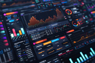 Fototapeta premium An array of trading monitors displaying colorful stock market graphs and analysis, set against the backdrop of a city skyline at dusk..