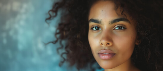 Young woman with full curly hair and striking features has a calm and serene expression against a blurred background.