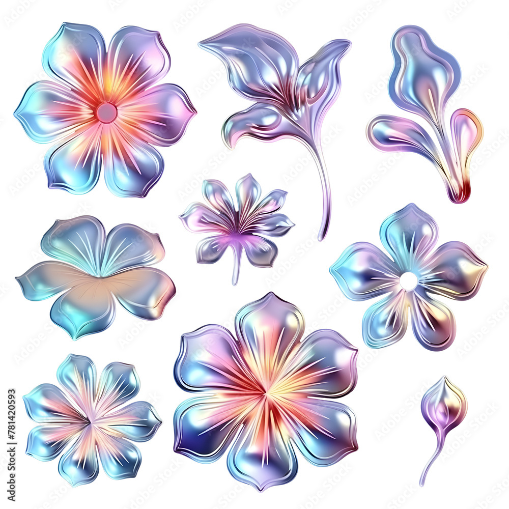 Wall mural 3d chrome y2k metal elements. chrome flowers y2k melted, mercury shape 3d set isolated on transparen