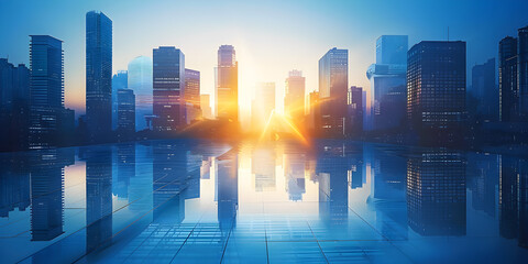 Sun shining over city skyline, buildings reflecting light, clear blue sky above, peaceful urban scene.