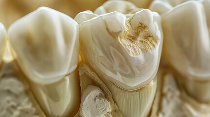 Fototapeta na wymiar Detailed texture and the damaged surface of a molar tooth, model emphasizing dental health issues.