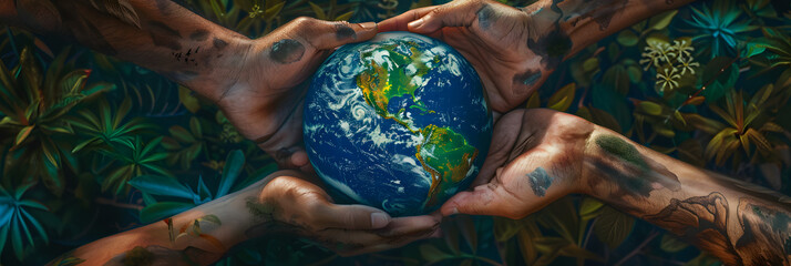 A powerful symbol of global unity and environmental care, hands of diverse people cradle a green and blue earth with plant life