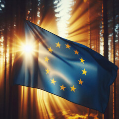 Flag of the European Union waving in the wind with sun light - 781420557