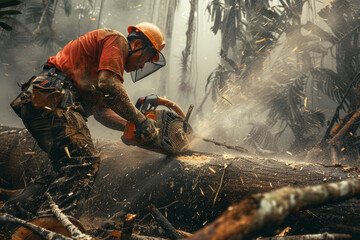Focused lumberjack in safety gear using a chainsaw to cut through a tree, with sawdust flying around. - obrazy, fototapety, plakaty