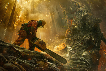 Focused lumberjack in safety gear using a chainsaw to cut through a tree, with sawdust flying around.