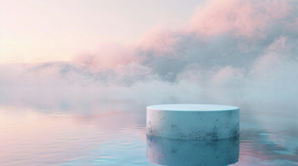 A podium for placing and advertising products. Podium in the form of a cylinder in the morning lake, fog. Pastel colors.