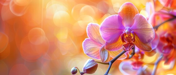 Orchid Macro Photo, Exotic Phalaenopsis Flower Closeup, Blurred Background, Copy Space