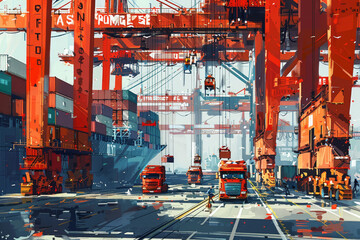 Naklejka premium A bustling container terminal showing the logistic activities of loading and unloading of cargo containers in a shipyard.