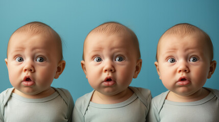Triplets with matching surprised expressions, a humorous and adorable portrait of identical siblings reacting.