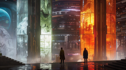 Two people in silhouette against a towering futuristic cityscape with neon lights