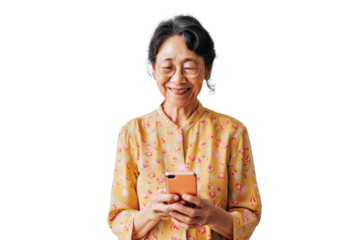 Senior Asian Woman Smiling with Smartphone
