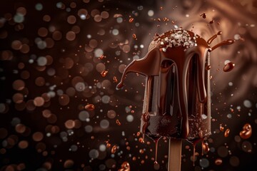 Chocolate Popsicle, Lolly Ice Cream, Dripping Melted Frozen Lollipop, Ice Yogurt Splashes, Copy Space